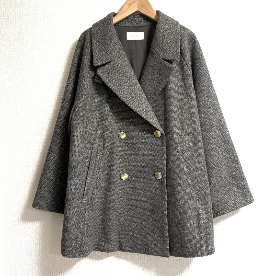 グローバルワーク✨軽やかストレッチ襟2WAYミドルコート　グレーミニヘリンボーン