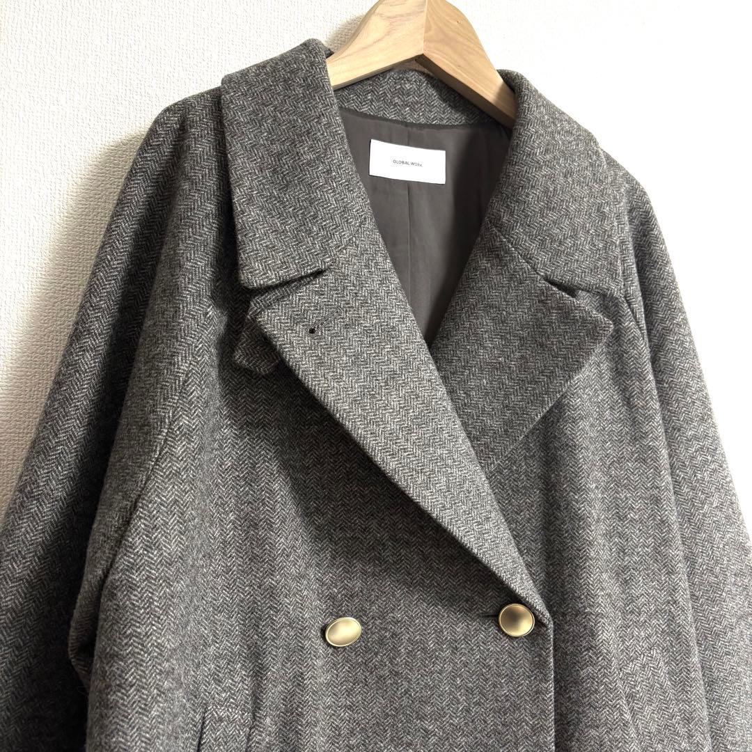 グローバルワーク✨軽やかストレッチ襟2WAYミドルコート　グレーミニヘリンボーン