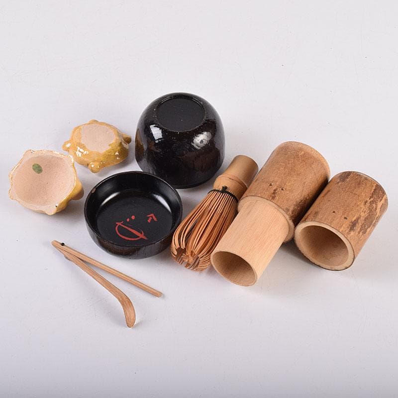 茶道具　桑茶箱　鉄絵草文　茶碗　黄交趾花文　振出など　九点　一式　M　R8950