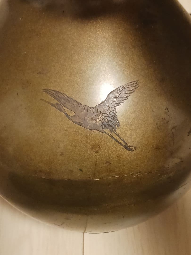 旧家　蔵出し　銅製　花瓶　花生　鶴図　銘あり