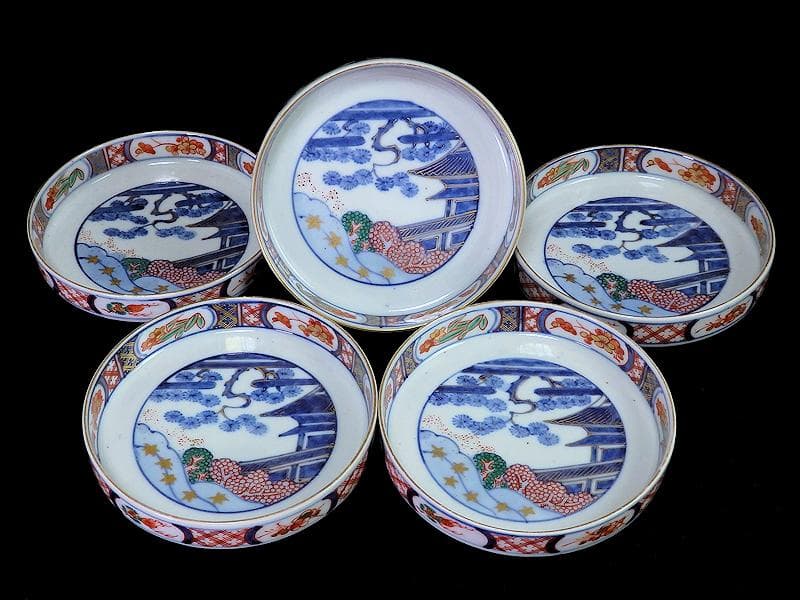 大聖寺伊万里　色絵　松に邸宅の図　縁高４寸皿　５枚　C595AS-BRq