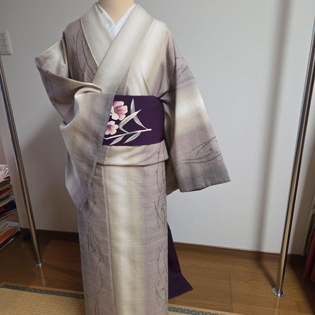 手織り創作民芸紬　たてわく露芝柄　4段ぼかし　しつけ付7512