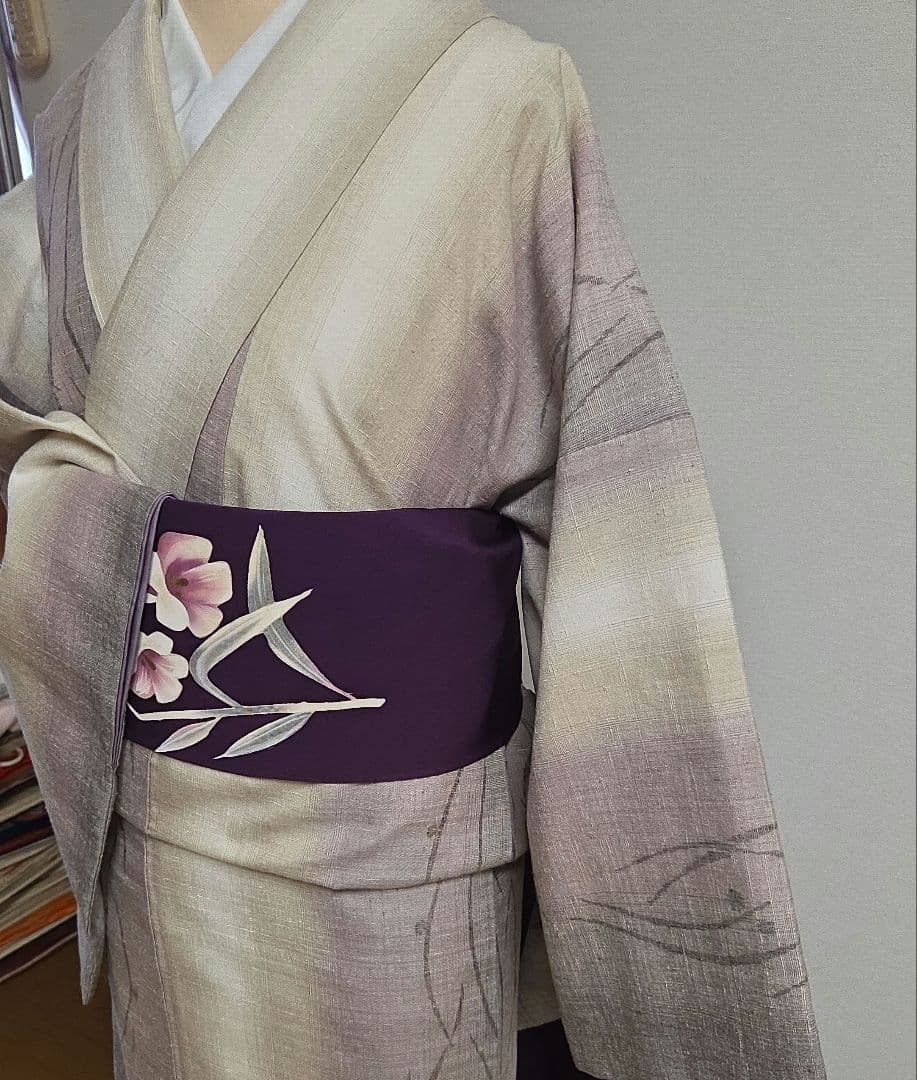 手織り創作民芸紬　たてわく露芝柄　4段ぼかし　しつけ付7512