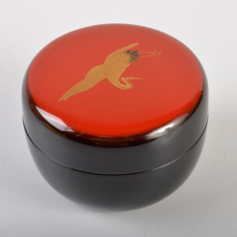 茶道具　塗師　牧田芳祥作　日の出鶴蒔絵　中棗　共箱　V　6594