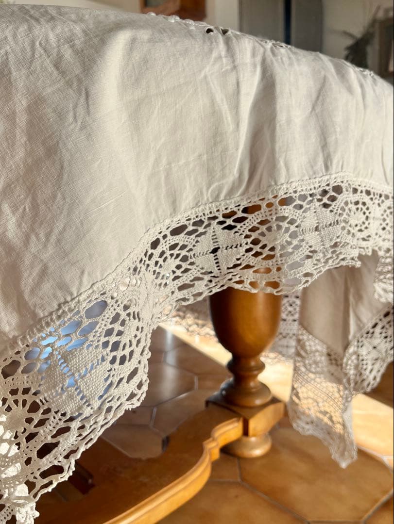 ◆フランスアンティーク｜手刺繍大判マルチクロスベットカバー白カーテンリボンレース