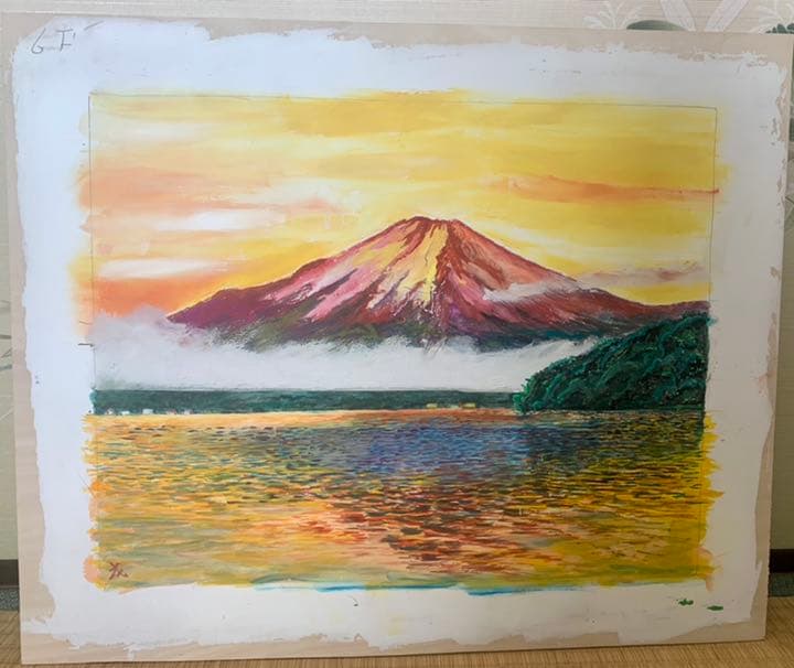 富士山　漆喰画　絵画　夕日　43×52