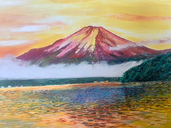 富士山　漆喰画　絵画　夕日　43×52