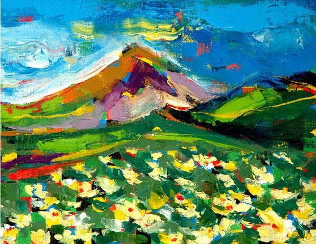 油絵 菅家令子 絵 絵画インテリア額付(黒) F4-081011 風景 山高原