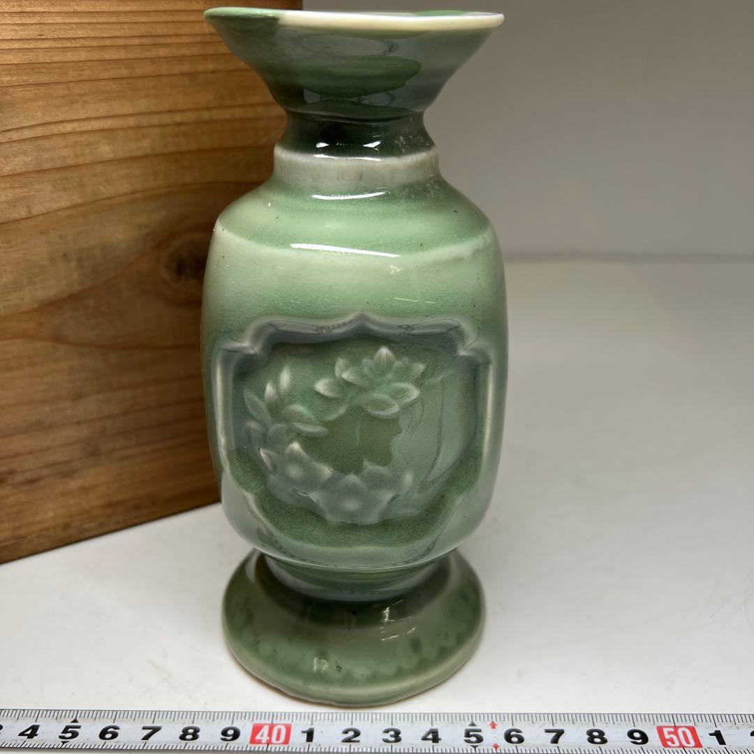 江戸後期　三田青磁燭台　木箱付　高さ16.3㎝ 東Y7-0523②