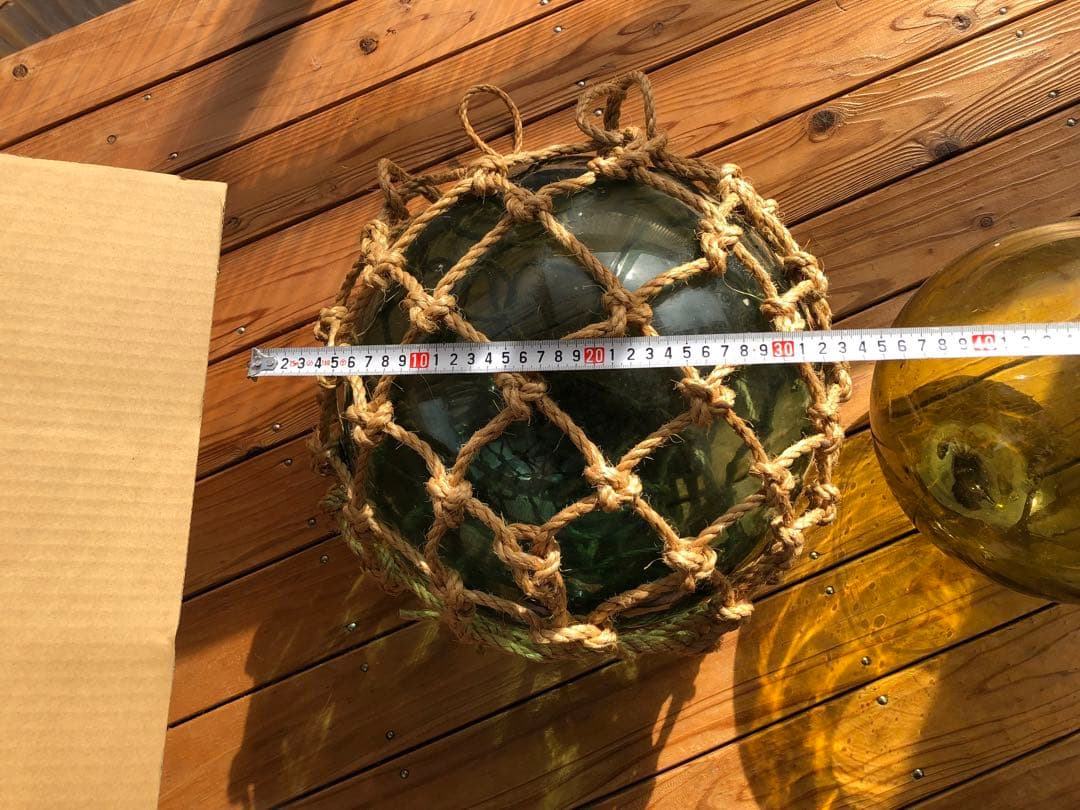 魚具、当時物ガラスの浮き球、珍品、貴重品、直径36㎝新品麻網付き。