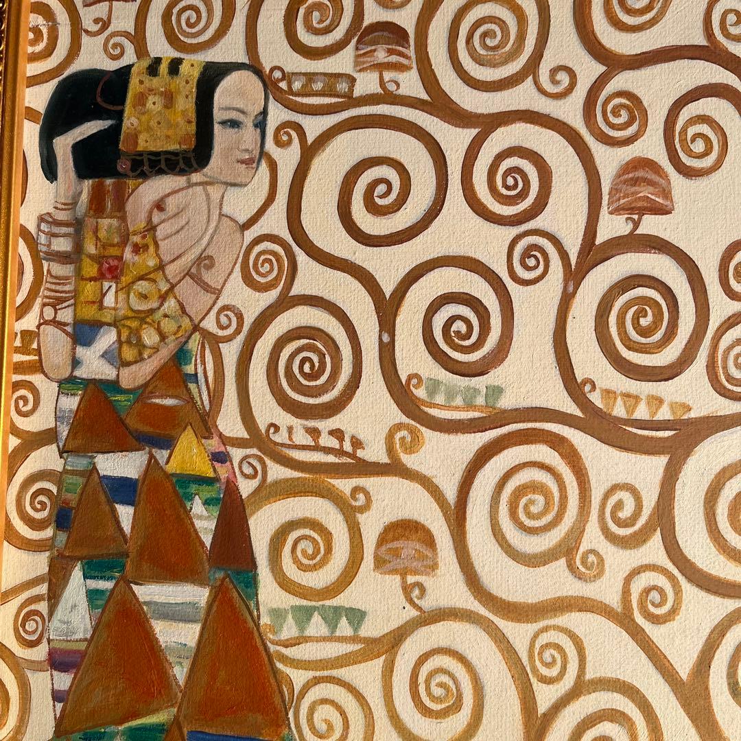 ★秀作★手書き油絵 クリムト 生命の木 （大）額付き 絵画 インテリア 油彩画