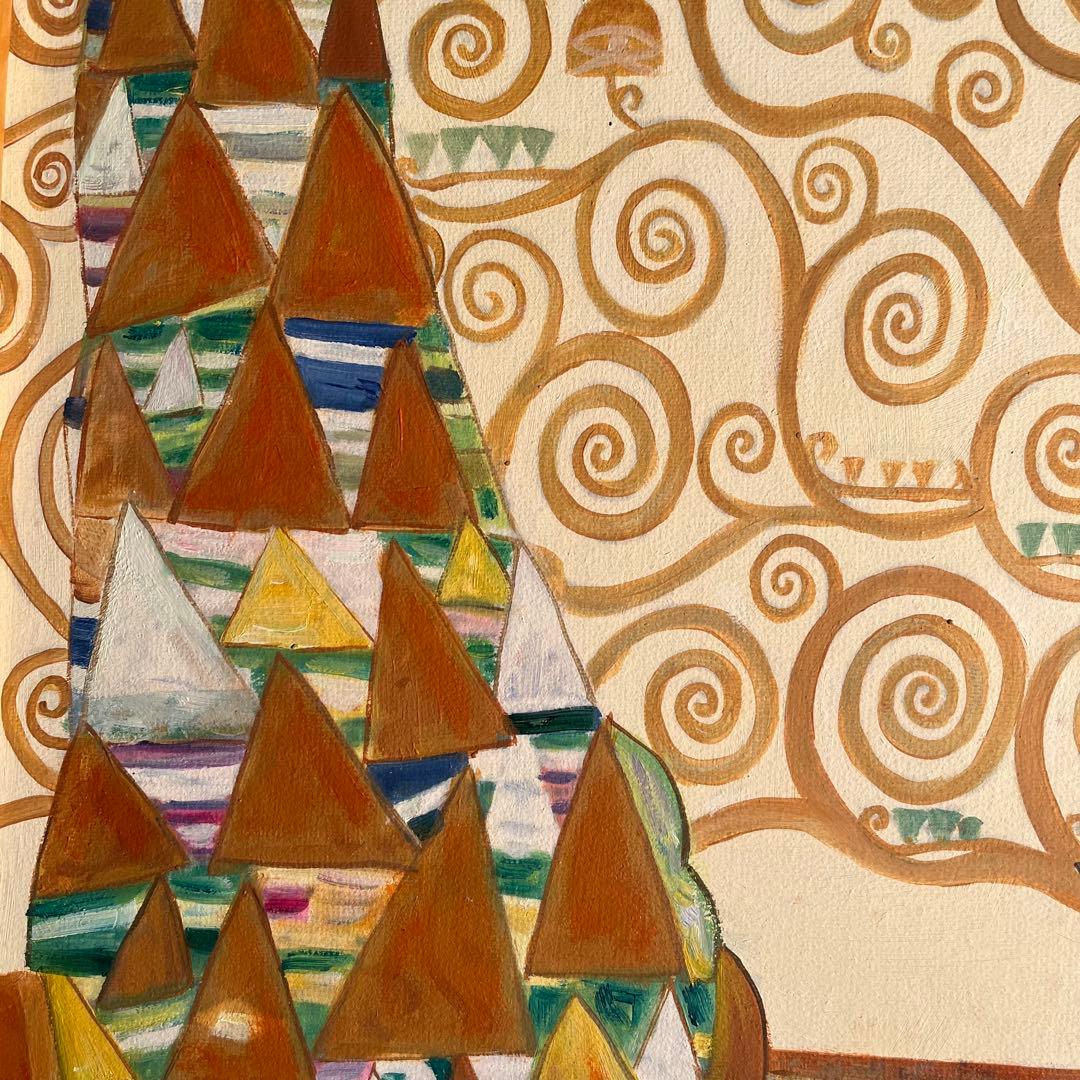 ★秀作★手書き油絵 クリムト 生命の木 （大）額付き 絵画 インテリア 油彩画