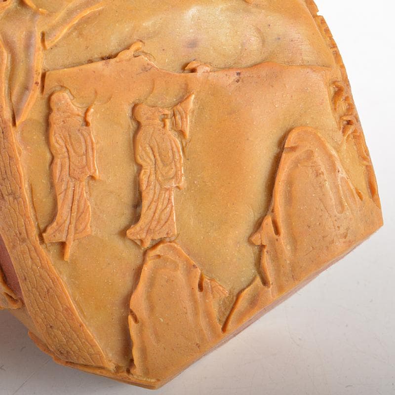 中国　玉石彫刻　山水人物刻　置物　時代箱付　M　R5717