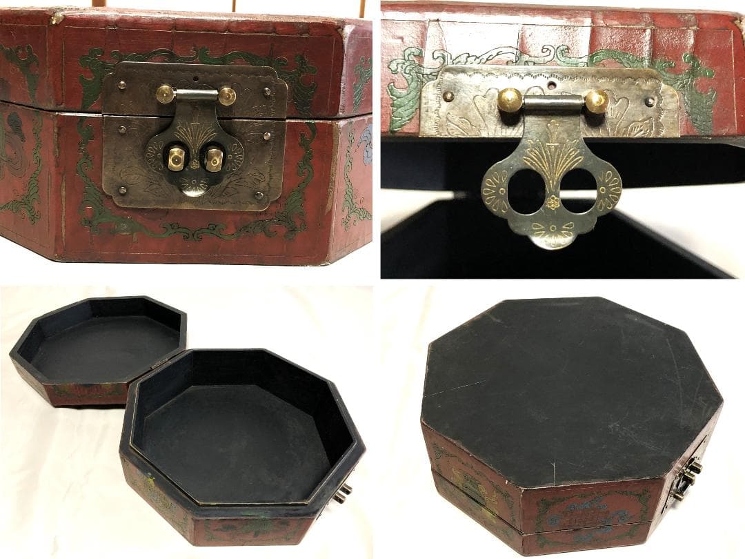 【 大清乾隆御製 献上箱 】　皇室御用達司　八角木製漆絵双龍図　飾り彫金　古玩