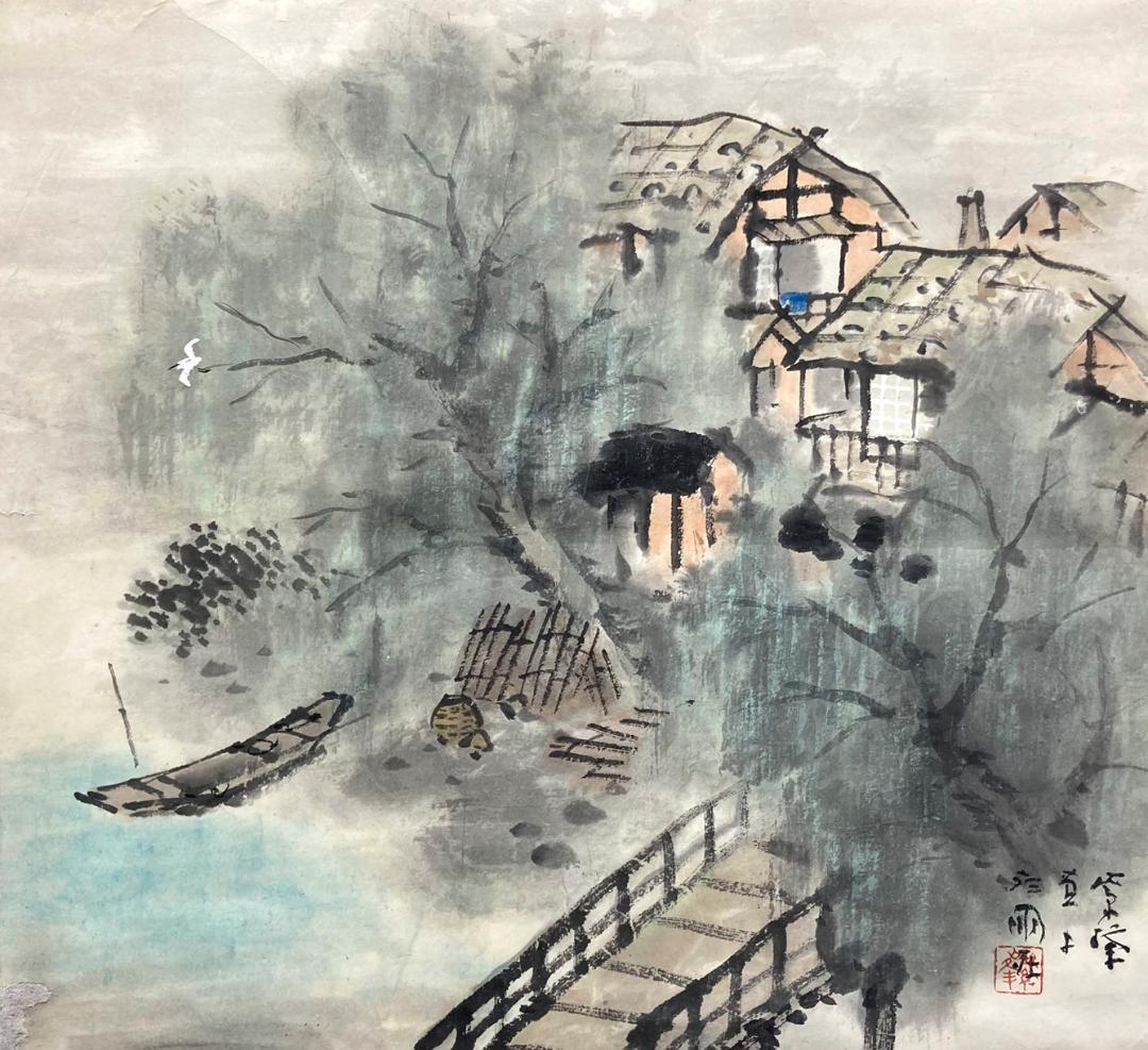 藤岡紫峰／川合玉堂師事「夏の湖畔」掛軸 紙本 共箱：山水