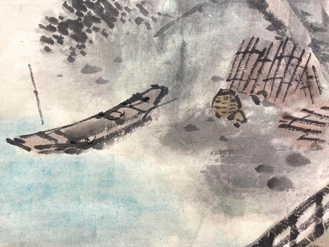 藤岡紫峰／川合玉堂師事「夏の湖畔」掛軸 紙本 共箱：山水