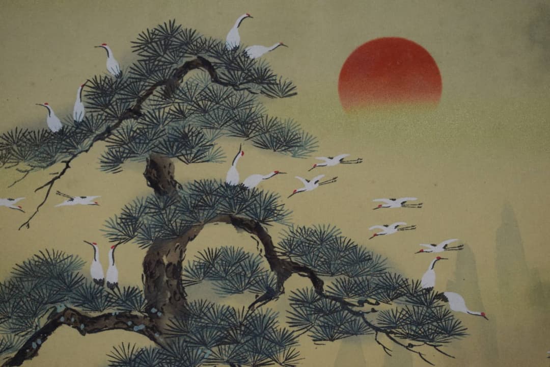 【真作】紫峰/七福神と百鶴図/群鶴/掛軸☆宝船☆Y-454　JM