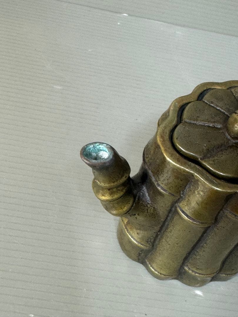 2357 中国骨董　乾隆御製銘　金銅竹節　急須　時代物