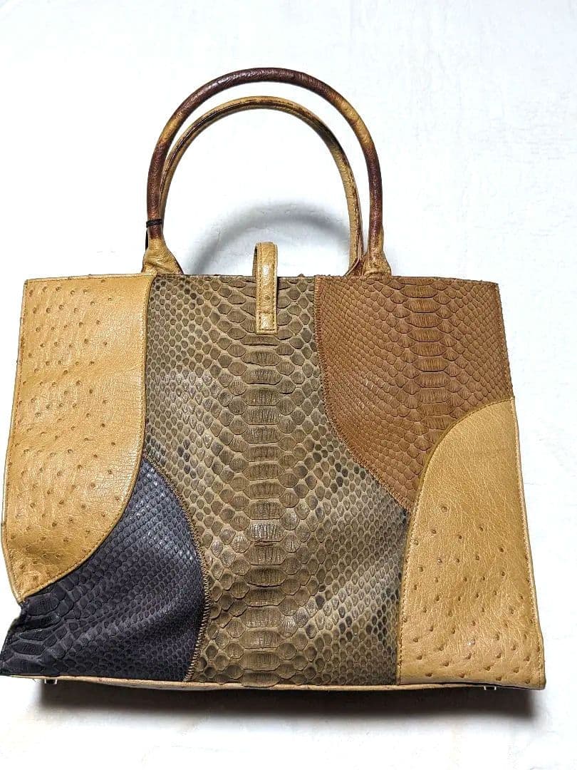 エキゾチックレザー　トートバッグ パイソン オーストリッチ A4 キャメル