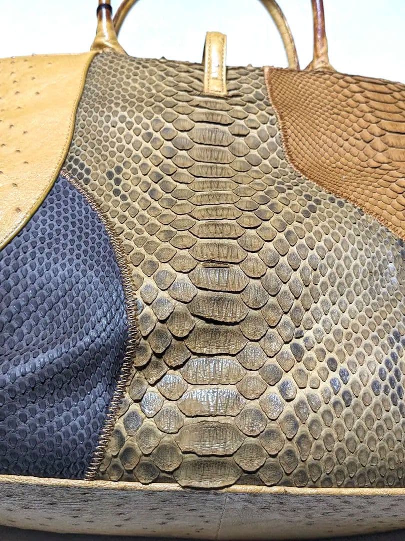 エキゾチックレザー　トートバッグ パイソン オーストリッチ A4 キャメル