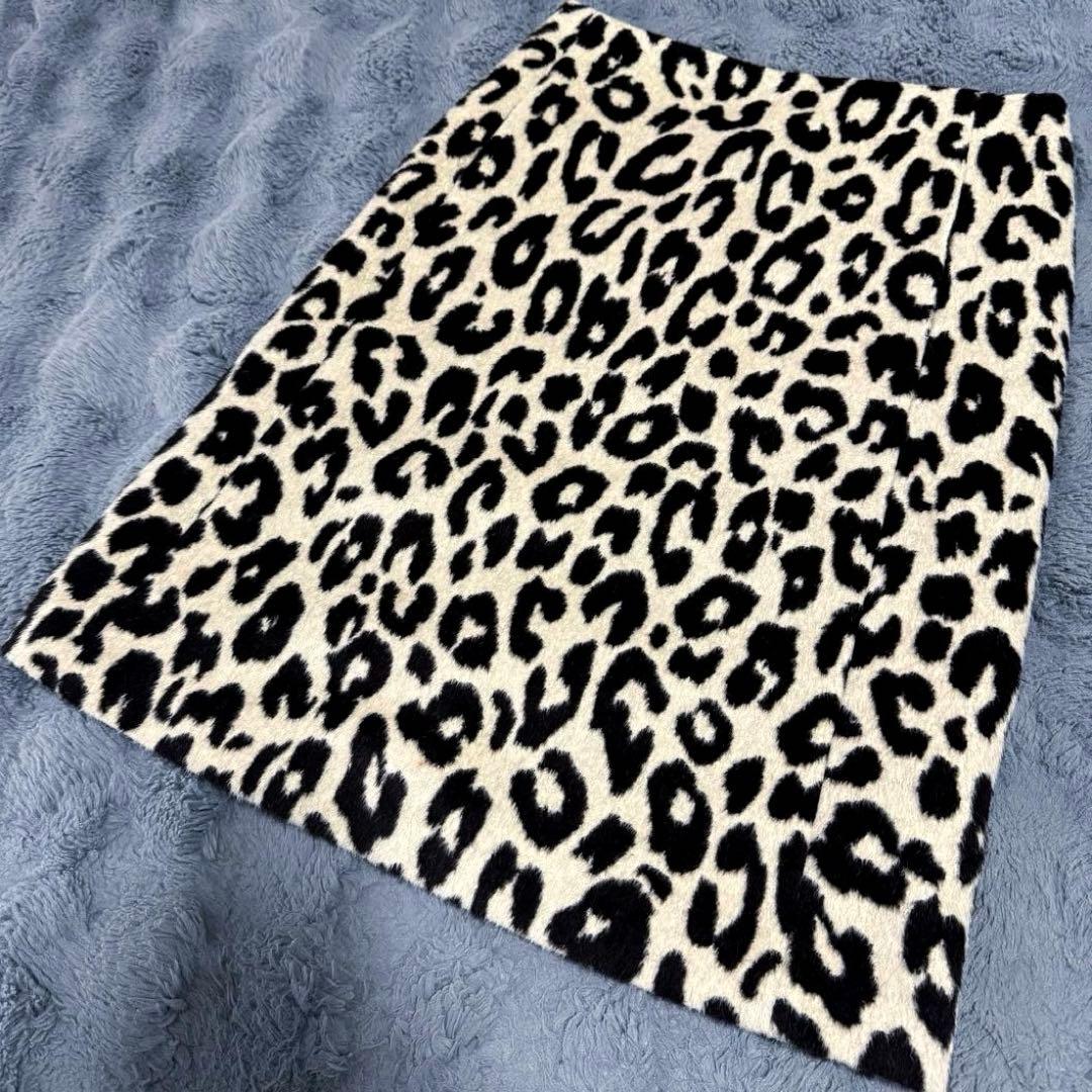 Drawer ドゥロワー レオパード ひざ丈スカート ウール シルク ヒョウ柄