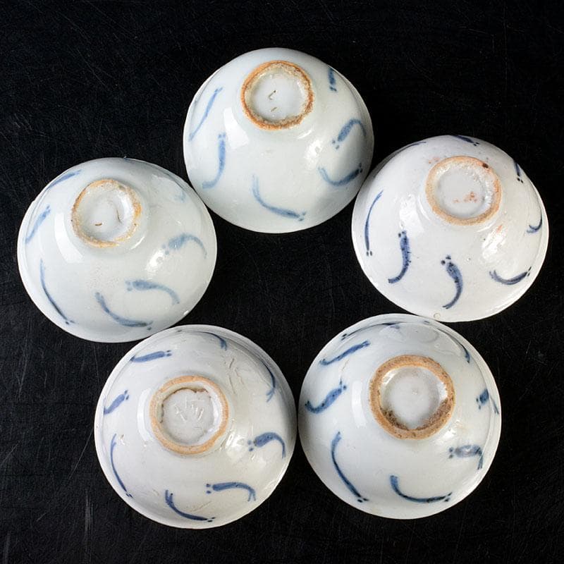 中国　南京染付　青花メダカ文煎茶碗　五客　M　6845