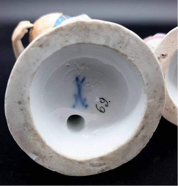 古マイセン／アシエ1768年『花摘みの女』大型フィギュリン美品1級品ボタン剣