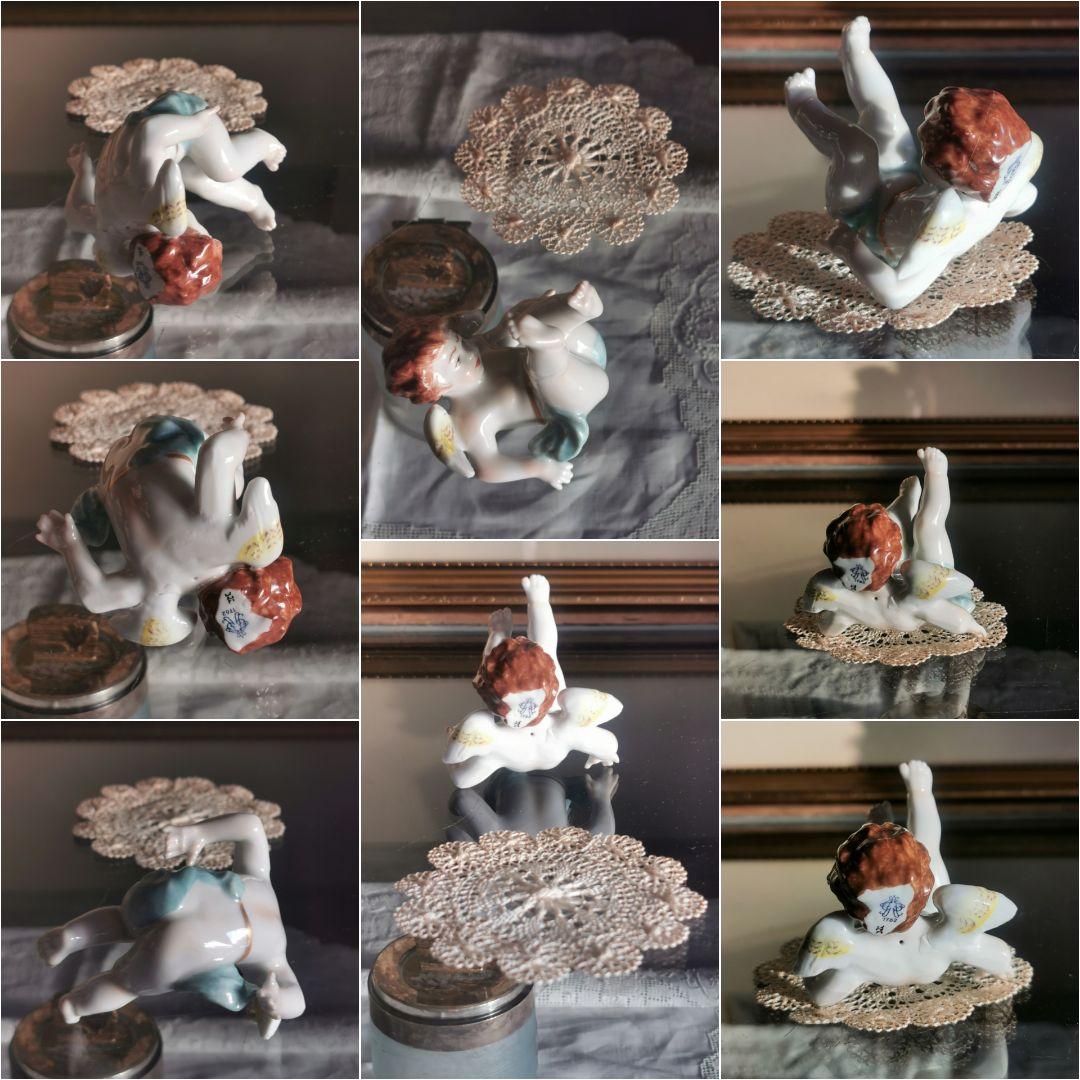 アンティークドイツポーセリン でんぐり返し子供天使 造形美フィギュリン レース付