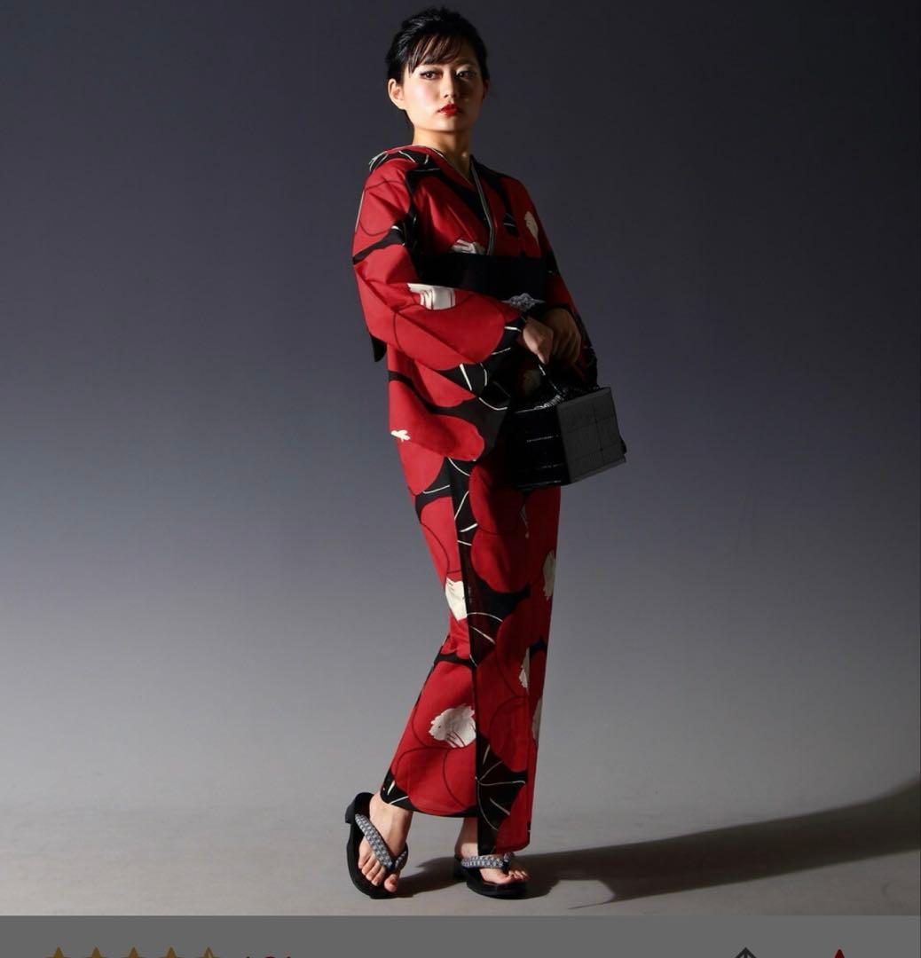 浴衣 2点セットモダン レディース フリーサイズ セット 古典 椿 赤 黒