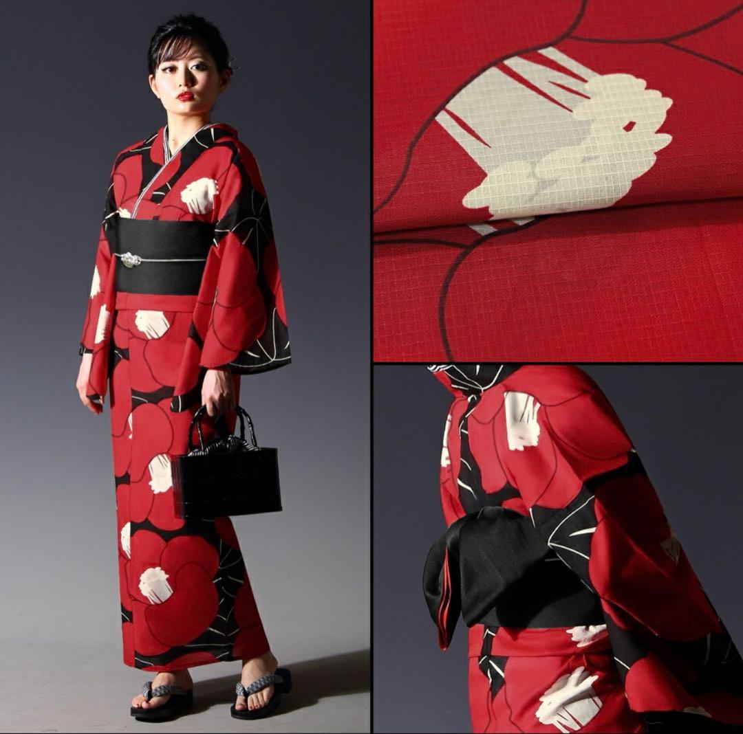 浴衣 2点セットモダン レディース フリーサイズ セット 古典 椿 赤 黒