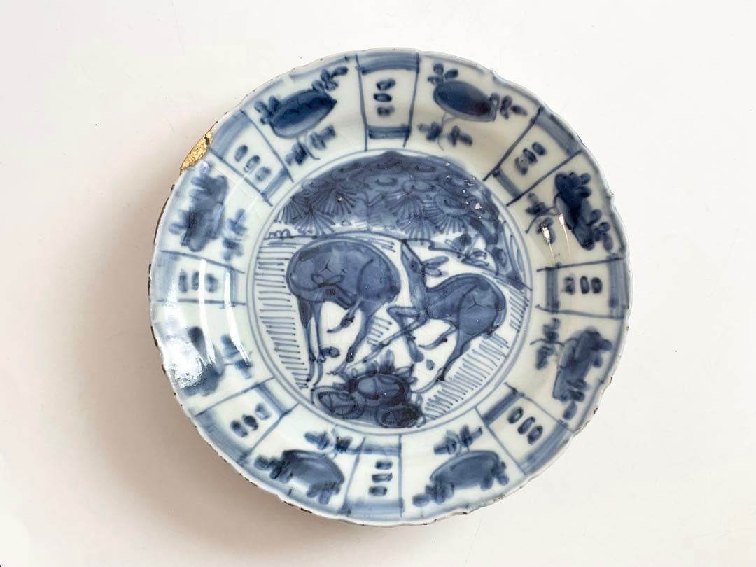 骨董　アンティーク　古染付　芙蓉手　双鹿図　皿　七寸皿