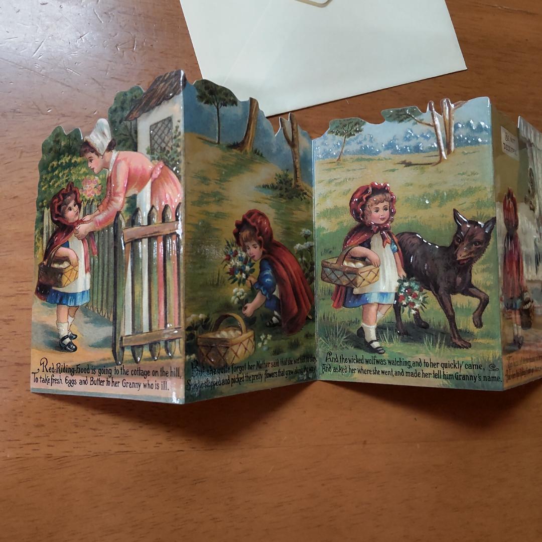 赤ずきん　アンティーク風カード　屏風カード　レッドフード　ブロカント封筒つき