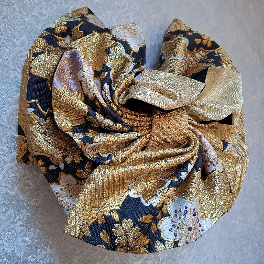 【K759】時短！ニ部式 作り帯 振袖⋅舞台⋅舞踊に　正絹　金&黒　刺繍豪華