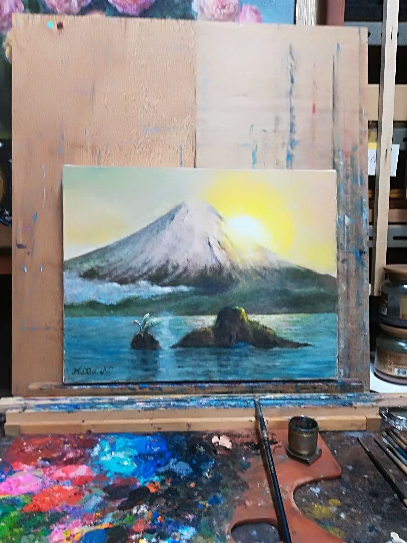 画家 haru 油彩画 富士山 日の出 F6号 真作 原画 一点物 。