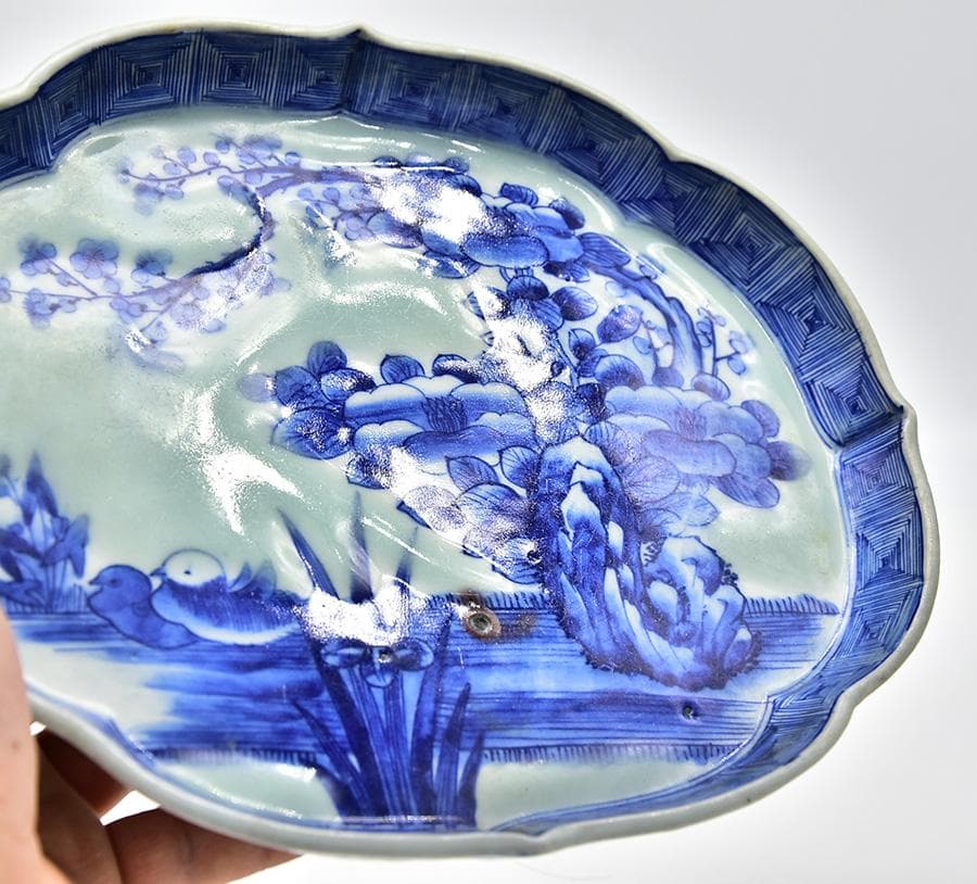 時代年代物 古伊万里 染付 変形皿 花鳥図 仕覆 合わせ箱 有田焼 伊万里焼