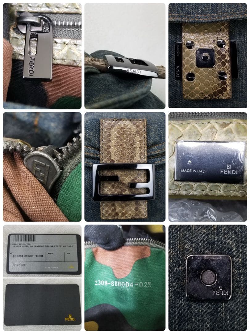 FENDI マンマバケット デニム×パイソン ショルダーバッグ　ミリタリグリーン