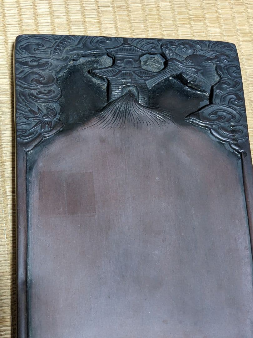 ♦中国古玩 楼閣 龍 漢詩刻紋入 老硯 古硯 古玩 文房四宝 古美術品 骨董品