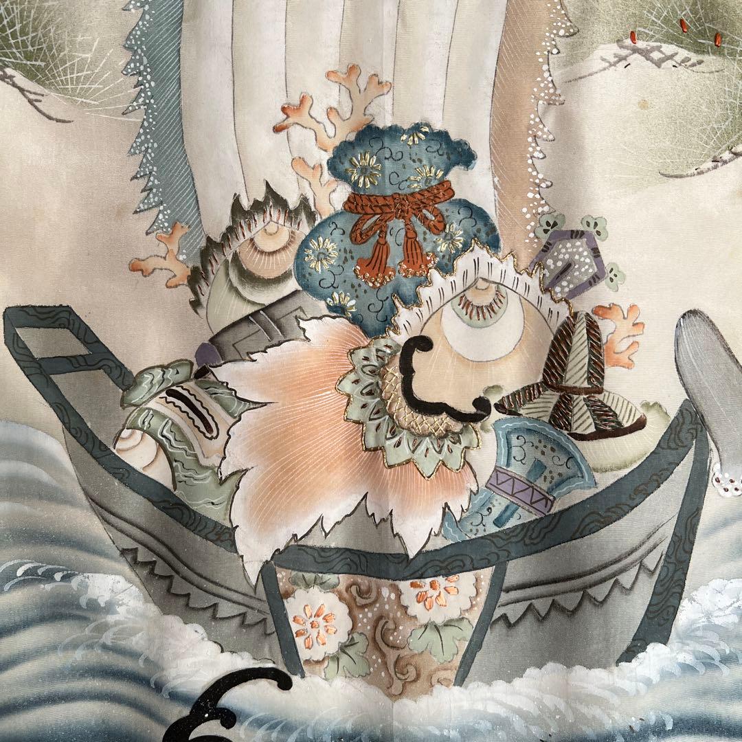 5502◆男の子アンティーク着物五つ紋宝船番鶴波手描き手刺繍時代古裂品格ある逸品