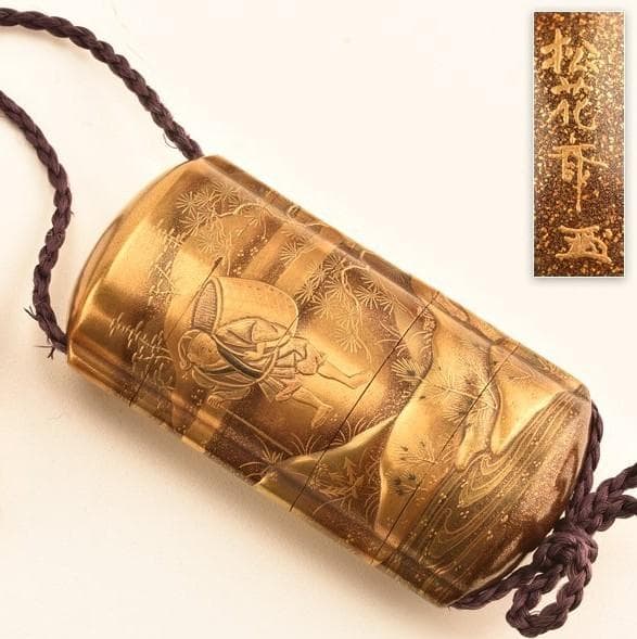 桃太郎の金蒔絵印籠　銘：松花斎（根付　鯉・魚）