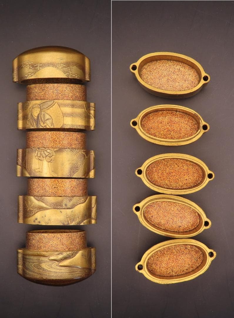 桃太郎の金蒔絵印籠　銘：松花斎（根付　鯉・魚）