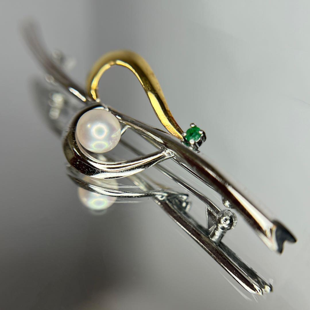 K18ゴールド+シルバー+天然海水真珠パールakoyaあこや+エメラルドブローチ