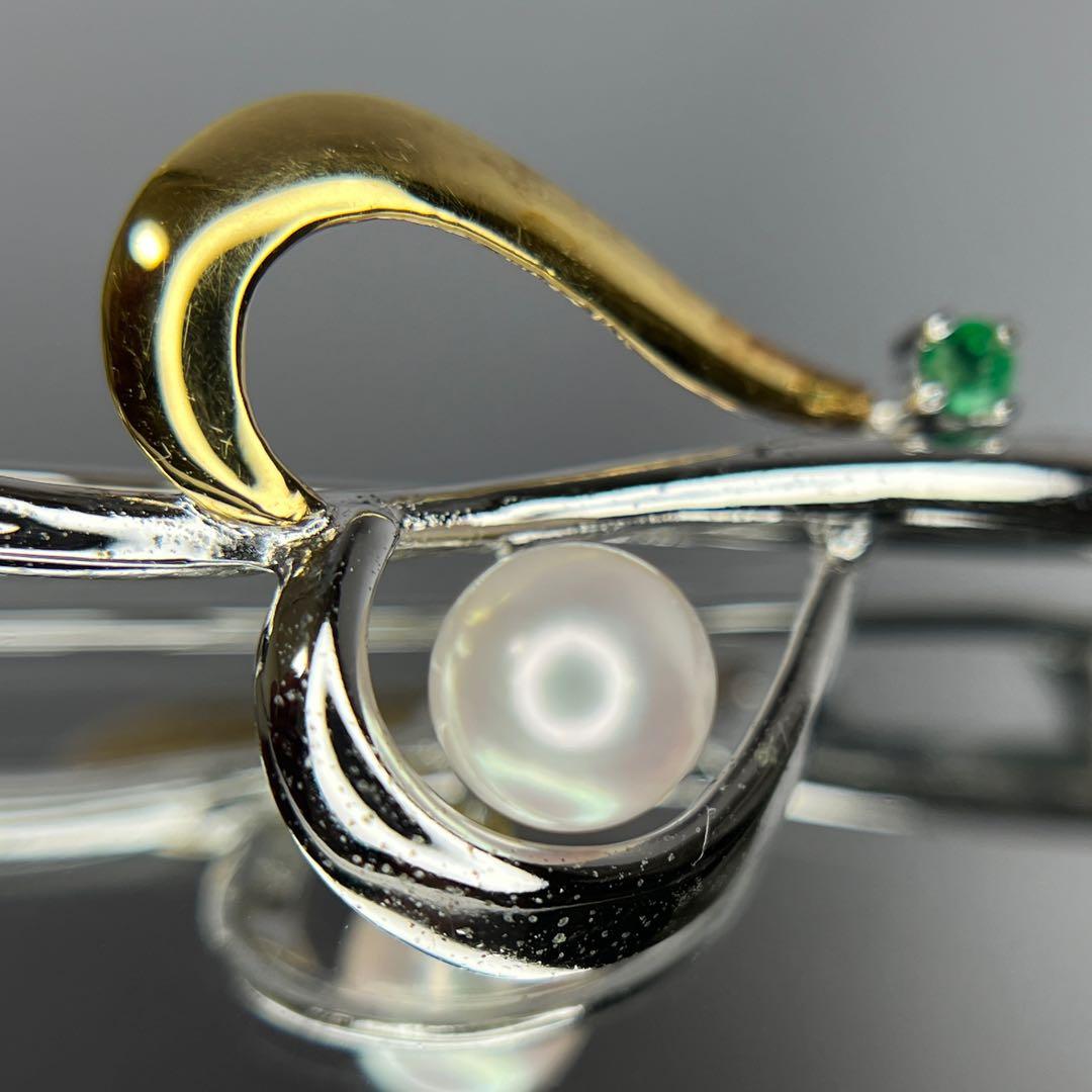 K18ゴールド+シルバー+天然海水真珠パールakoyaあこや+エメラルドブローチ