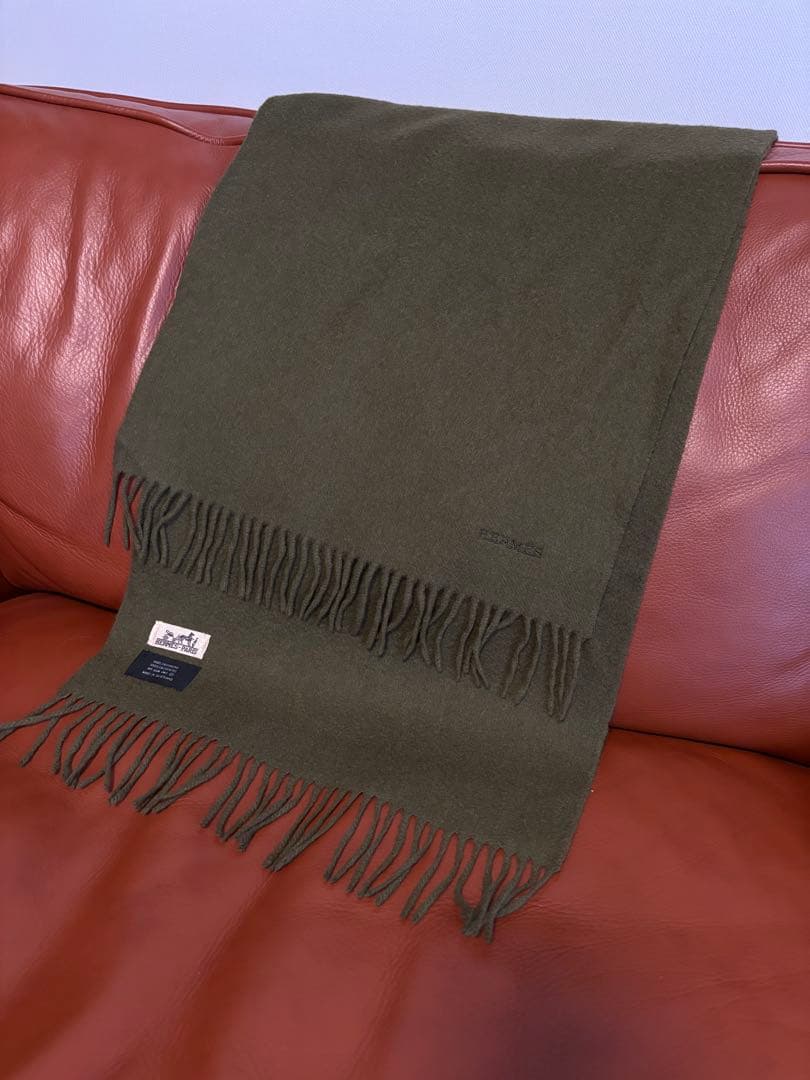 終了間近です 最終HERMÈS エルメスカシミヤ マフラー オリーブグリーン
