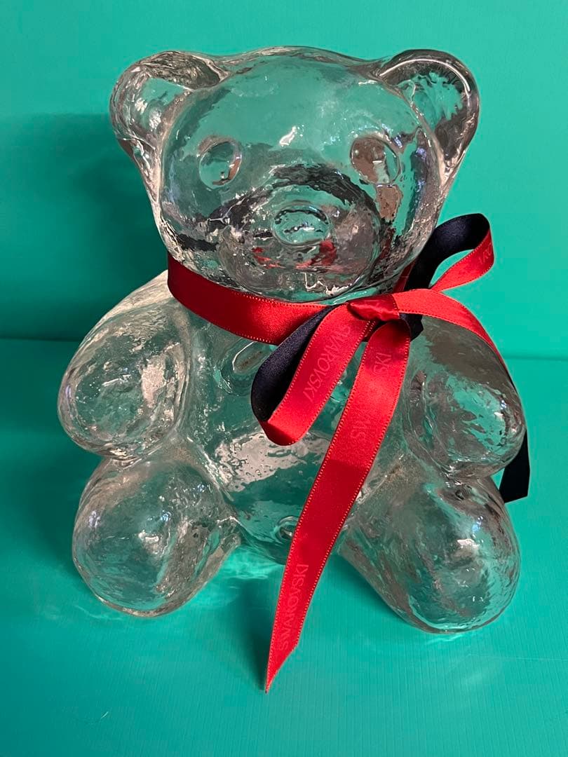 大型　ガラス製クマのオブジェ 赤黒リボン付き