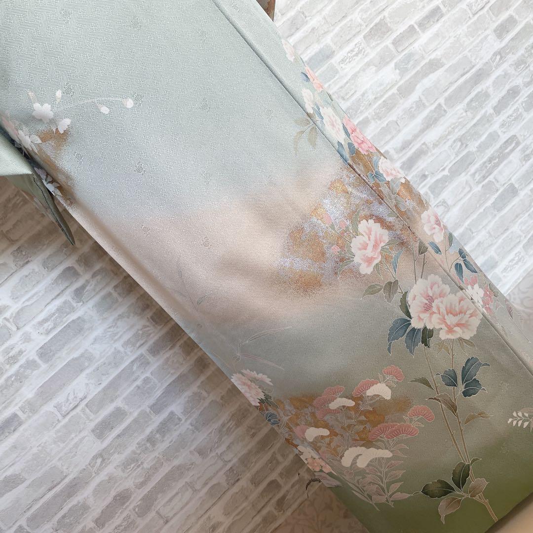 訪問着+長襦袢　フルセット　四季草花　綸子　繊細な中の豪華さ　金彩加工　H5