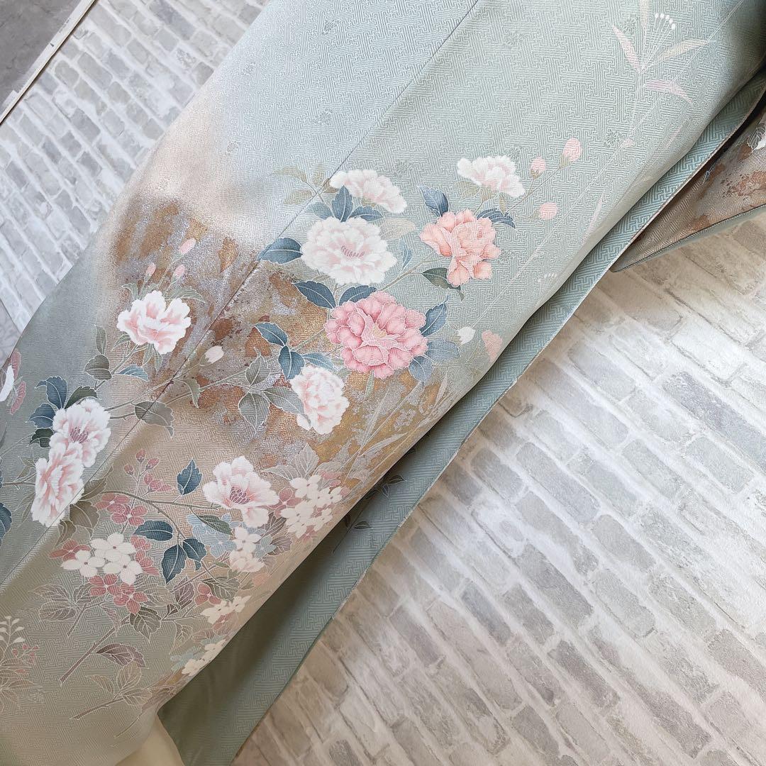 訪問着+長襦袢　フルセット　四季草花　綸子　繊細な中の豪華さ　金彩加工　H5