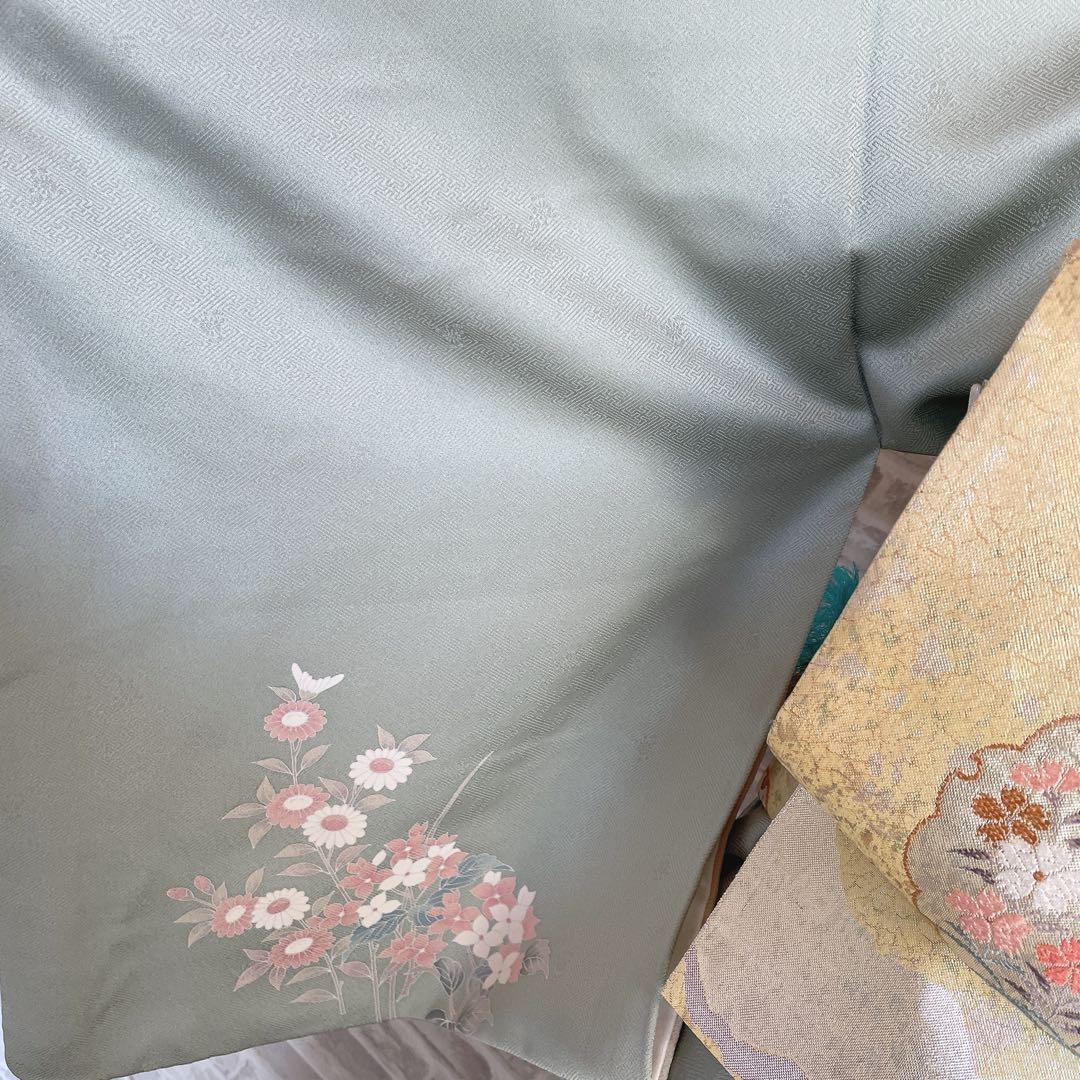 訪問着+長襦袢　フルセット　四季草花　綸子　繊細な中の豪華さ　金彩加工　H5