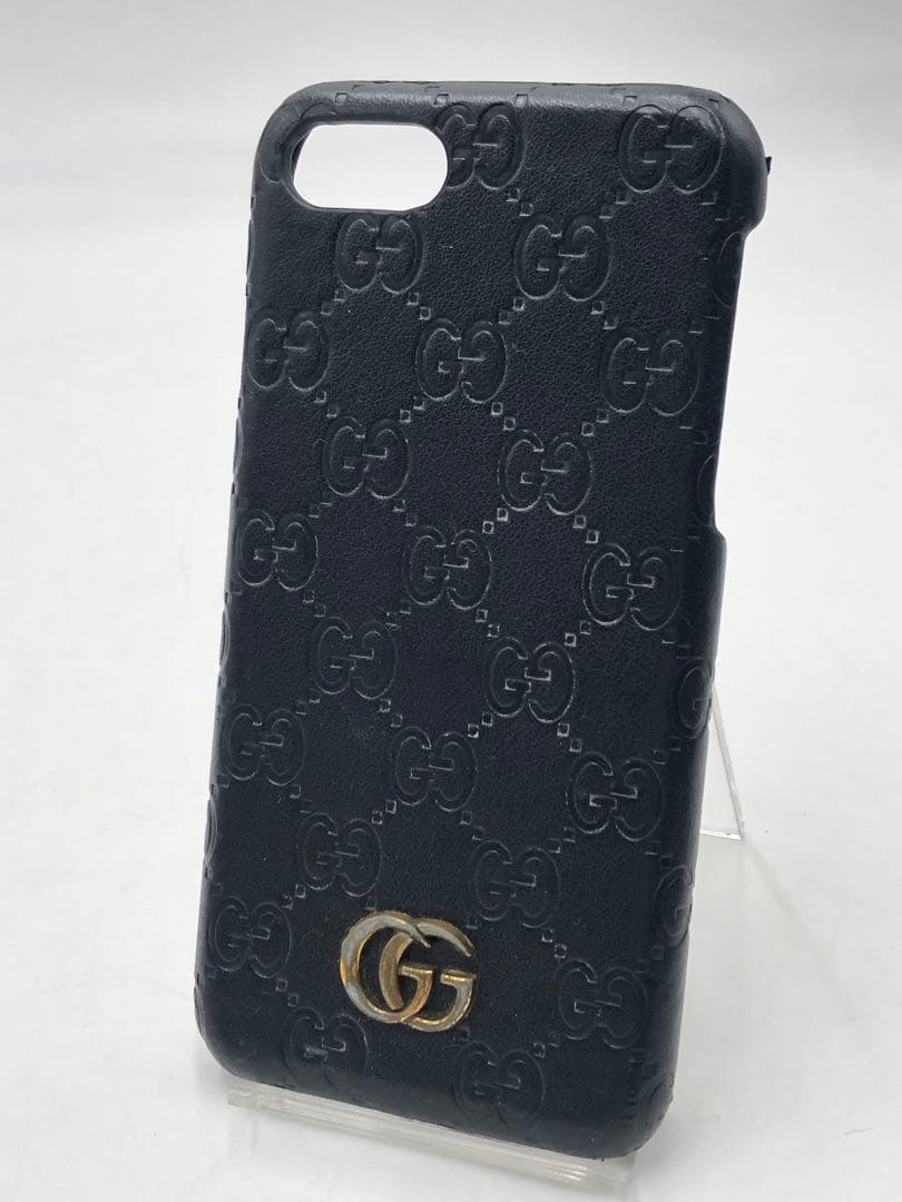 GUCCI グッチ　ブラックレザー iPhoneケース　GGパターンロゴ付き