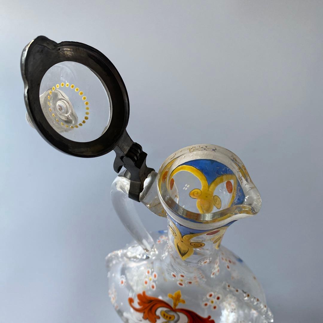 18世紀末 ドイツ 紋章入り エナメル彩ガラス デキャンタ 蓋付