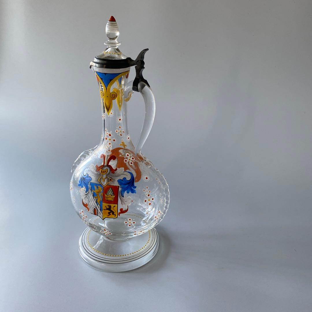 18世紀末 ドイツ 紋章入り エナメル彩ガラス デキャンタ 蓋付